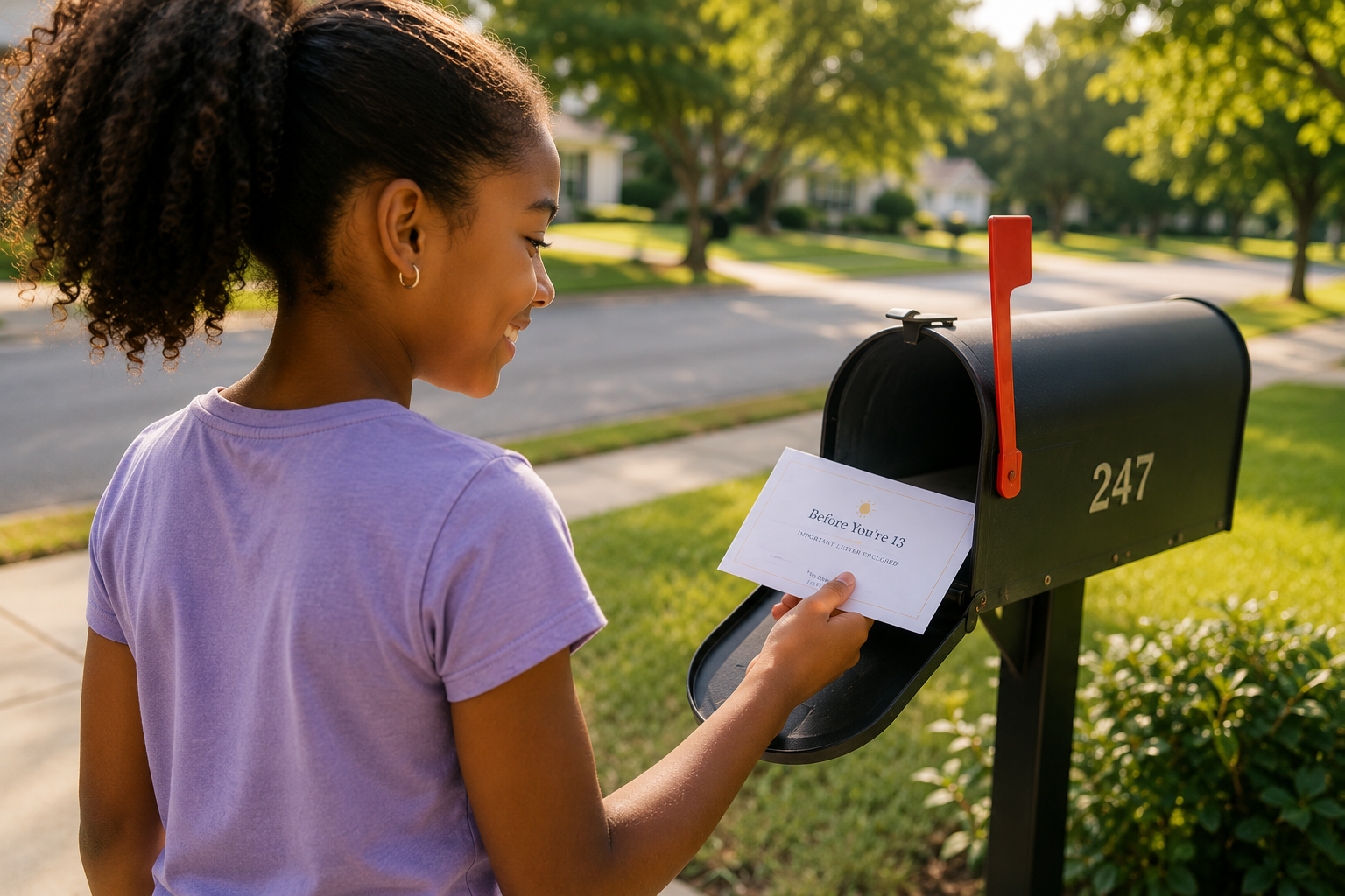A girl pulling her Before You're 13 letter out of the mailbox
