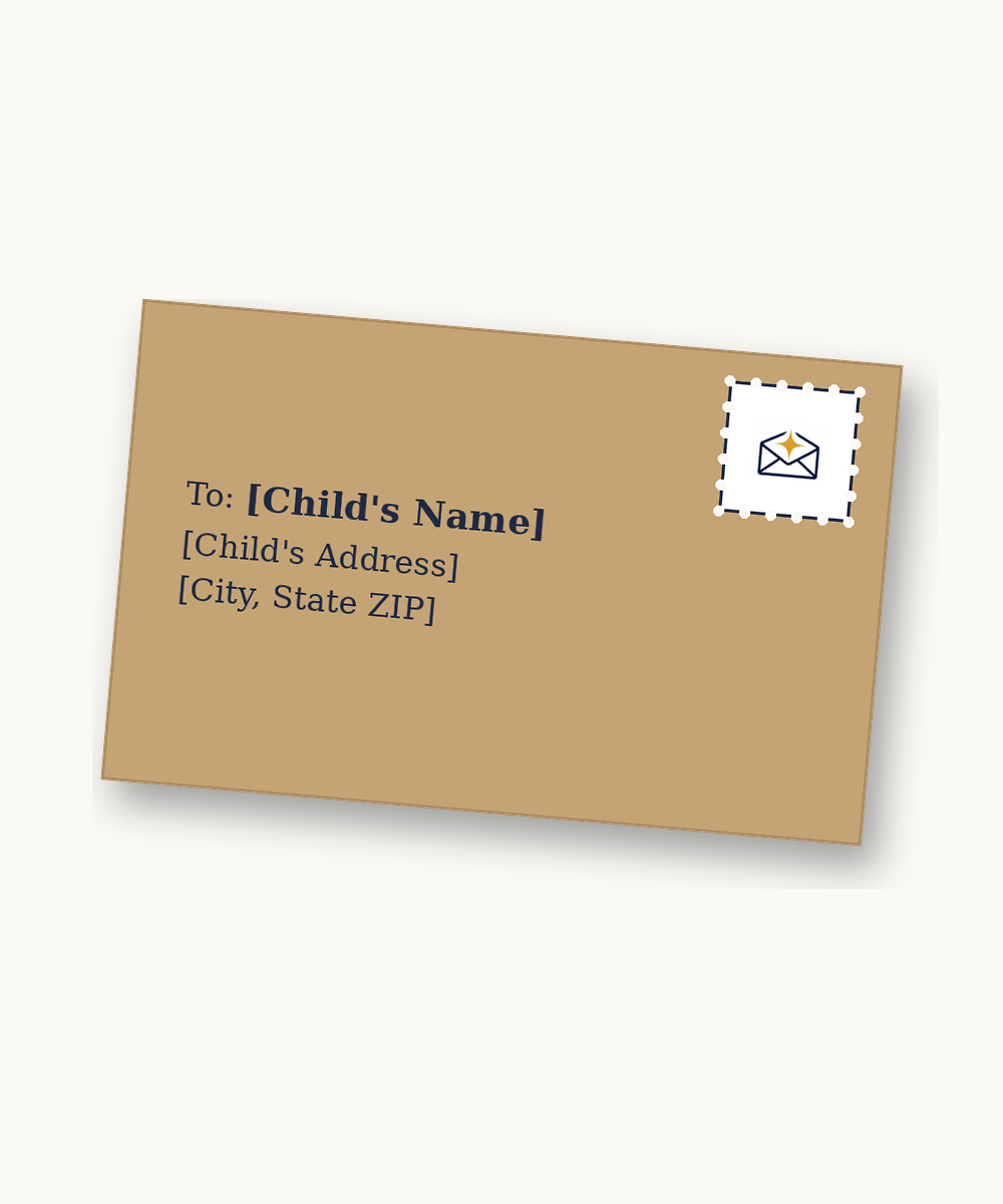 A brown Before You're 13 envelope personalized with a child's name and mailing address