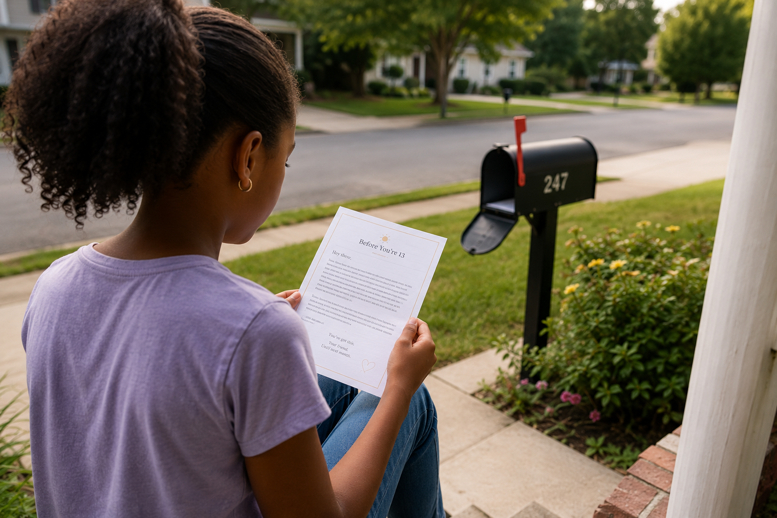 A girl sitting on her front porch reading her monthly Before You're 13 letter
